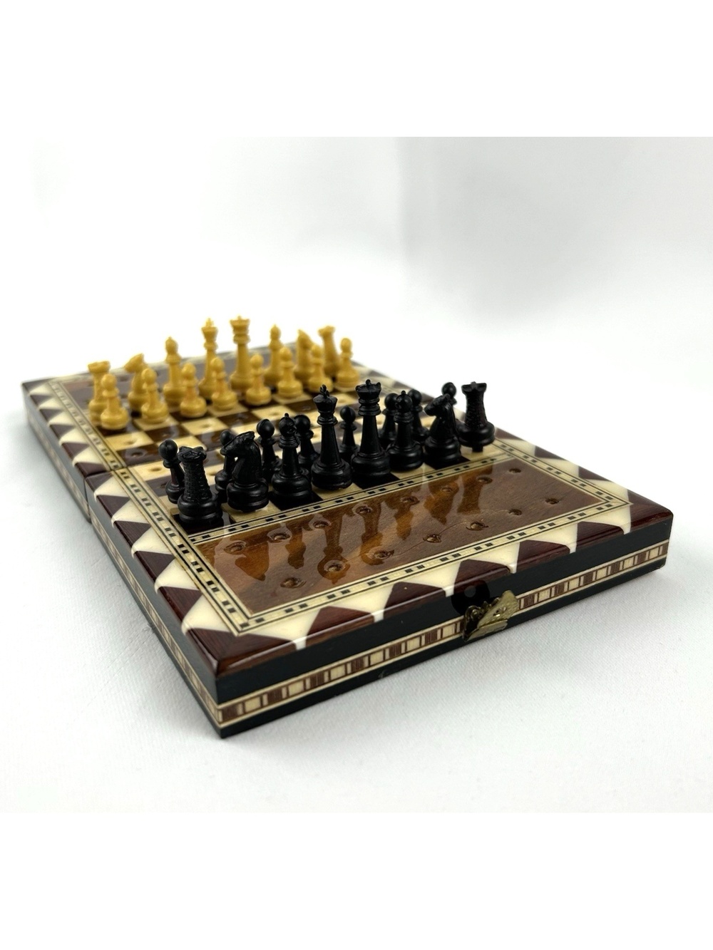 Traveler Chess Set Portable Hand Made Inlaid Wood 5" x 8" When Open